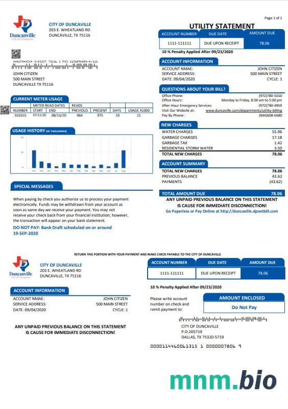 USA Texas City of Duncanville woda, kanalizacja, szablon rachunku za śmieci w formacie Word i PDF